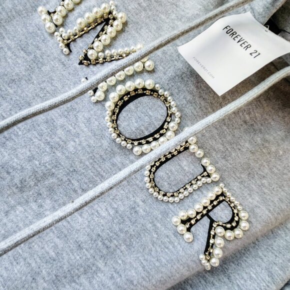 Forever 21 Amour Grey Hoodie Pearls Crystals Sz L Kangaroo Pocket Embellished - Picture 3 of 13